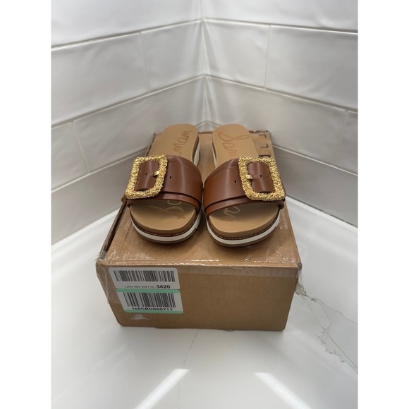 Sam Edelman Ariane Dark Bourbon Open Toe Buckle Flat Leather Slides Sandals - Picture 2 of 6